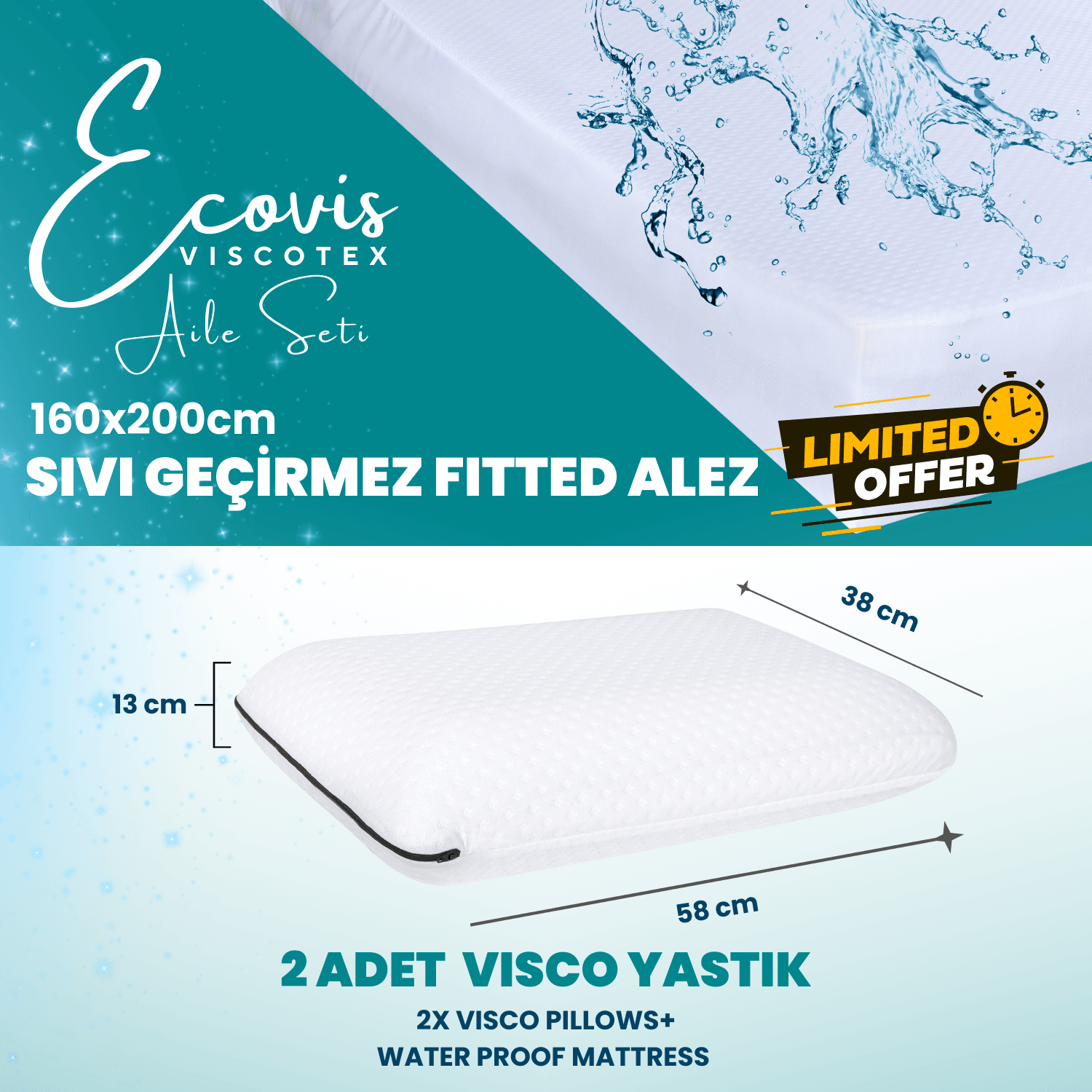 Ecovis Viscotex Aile Seti, 2'li Visco Yastık 58x38x13 cm ve Sıvı Geçirmez Çift Kişilik Yatak Fitted Alez 160X200 cm, Beyaz