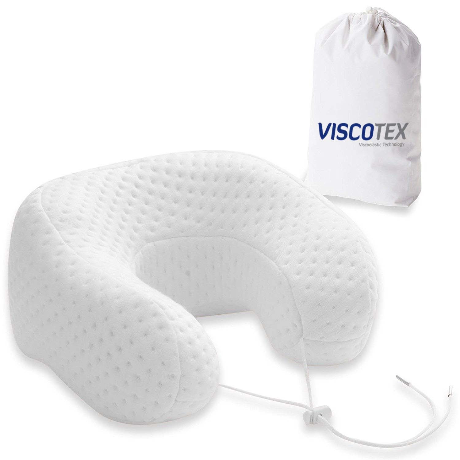 Viscotex Ortopedik Visco Boyun Yastığı, Araç Yolculuk Seyahat Boyun Yastığı, Uyku Yastığı Boyunluk, Neck Pillow 30x28x12 cm, Beyaz