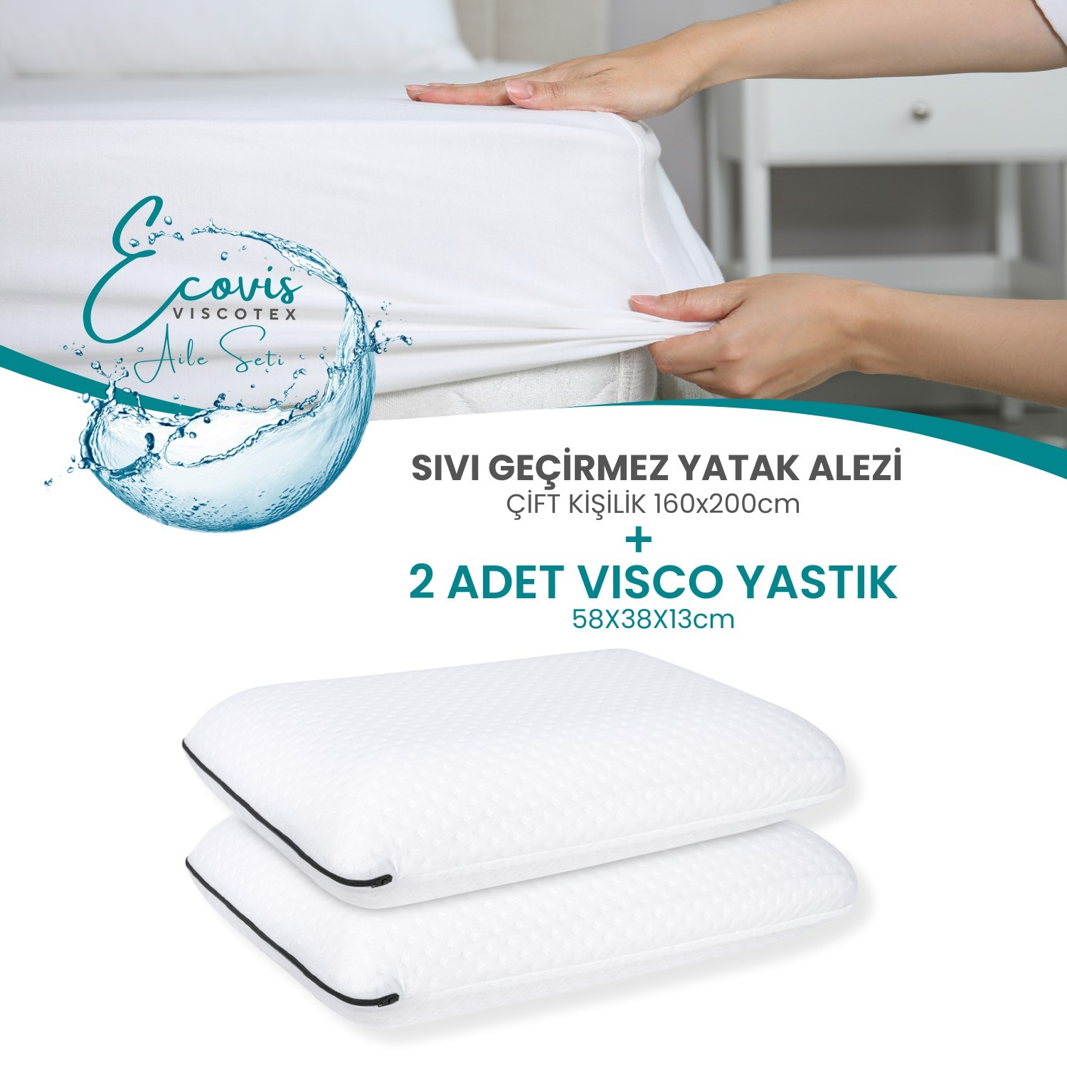 Ecovis Viscotex Aile Seti, 2'li Visco Yastık 58x38x13 cm ve Sıvı Geçirmez Çift Kişilik Yatak Fitted Alez 160X200 cm, Beyaz