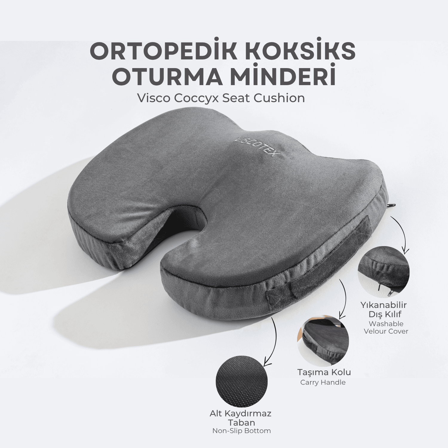 Viscotex Ortopedik Oturma Minderi, Kaydırmaz Tabanlı Çift Kılıflı, Ofis, Araba, Sandalye, Koltuk Visco Minder, 45x34x7 cm