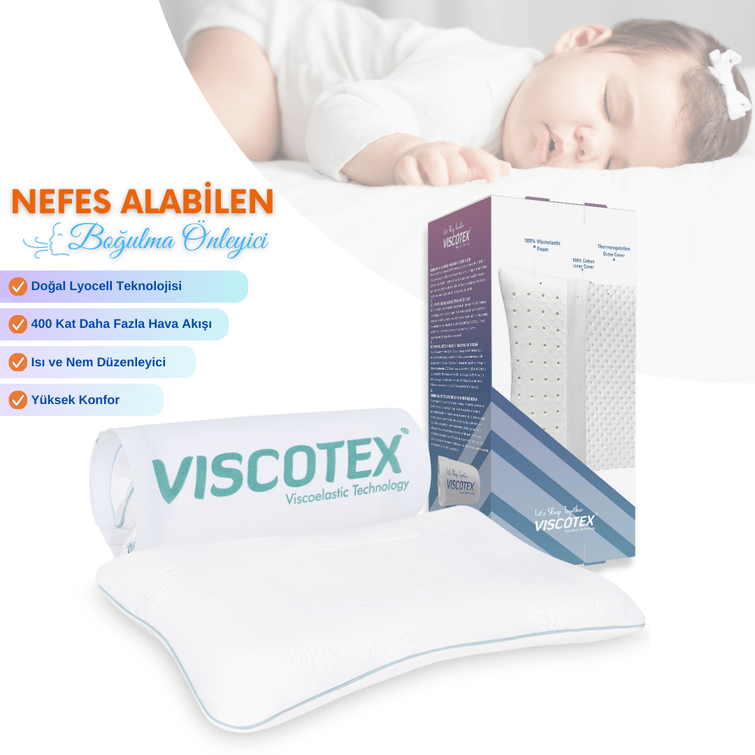 Viscotex Visco Cairfull Boğulma Önleyici Bebek Yastığı, 50x32x6cm, Nefes Alabilen Ortopedik Yastık, Beyaz