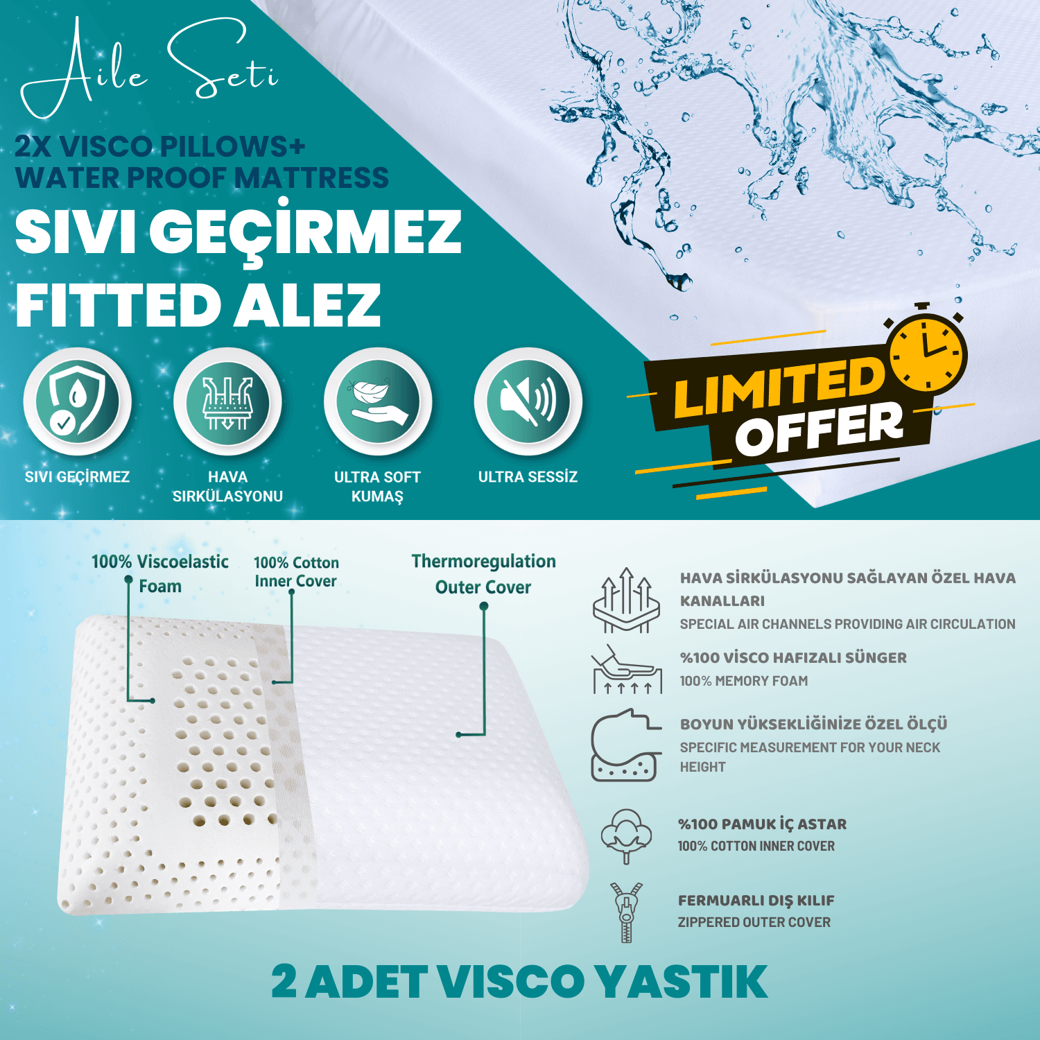 Ecovis Viscotex Aile Seti, 2'li Visco Yastık 58x38x13 cm ve Sıvı Geçirmez Çift Kişilik Yatak Fitted Alez 160X200 cm, Beyaz