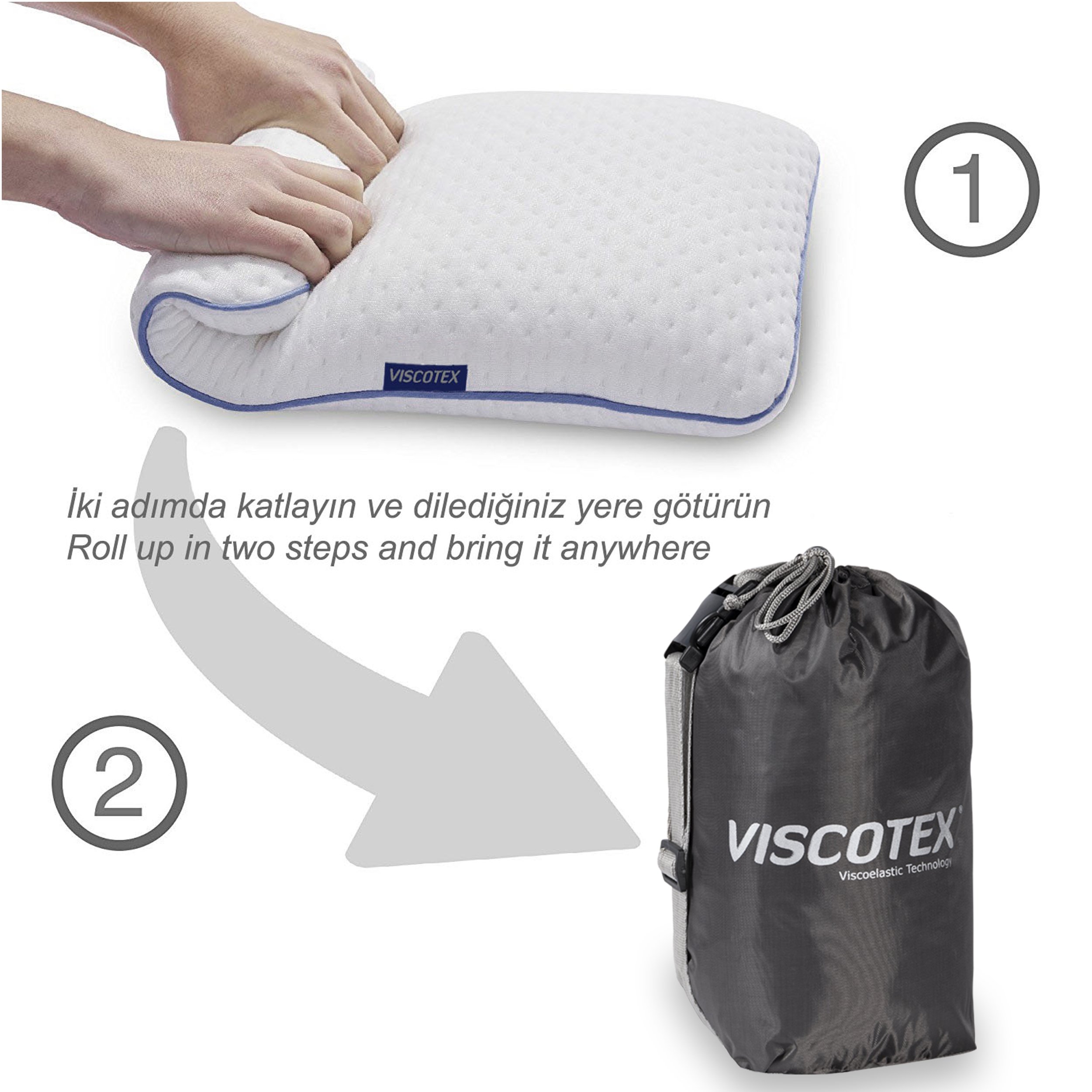 Viscotex Visco Ortopedik Seyahat Yastığı, Araç, Yolculuk, Uyku Yastığı, Travel Pillow, 40x25x10 cm, Beyaz