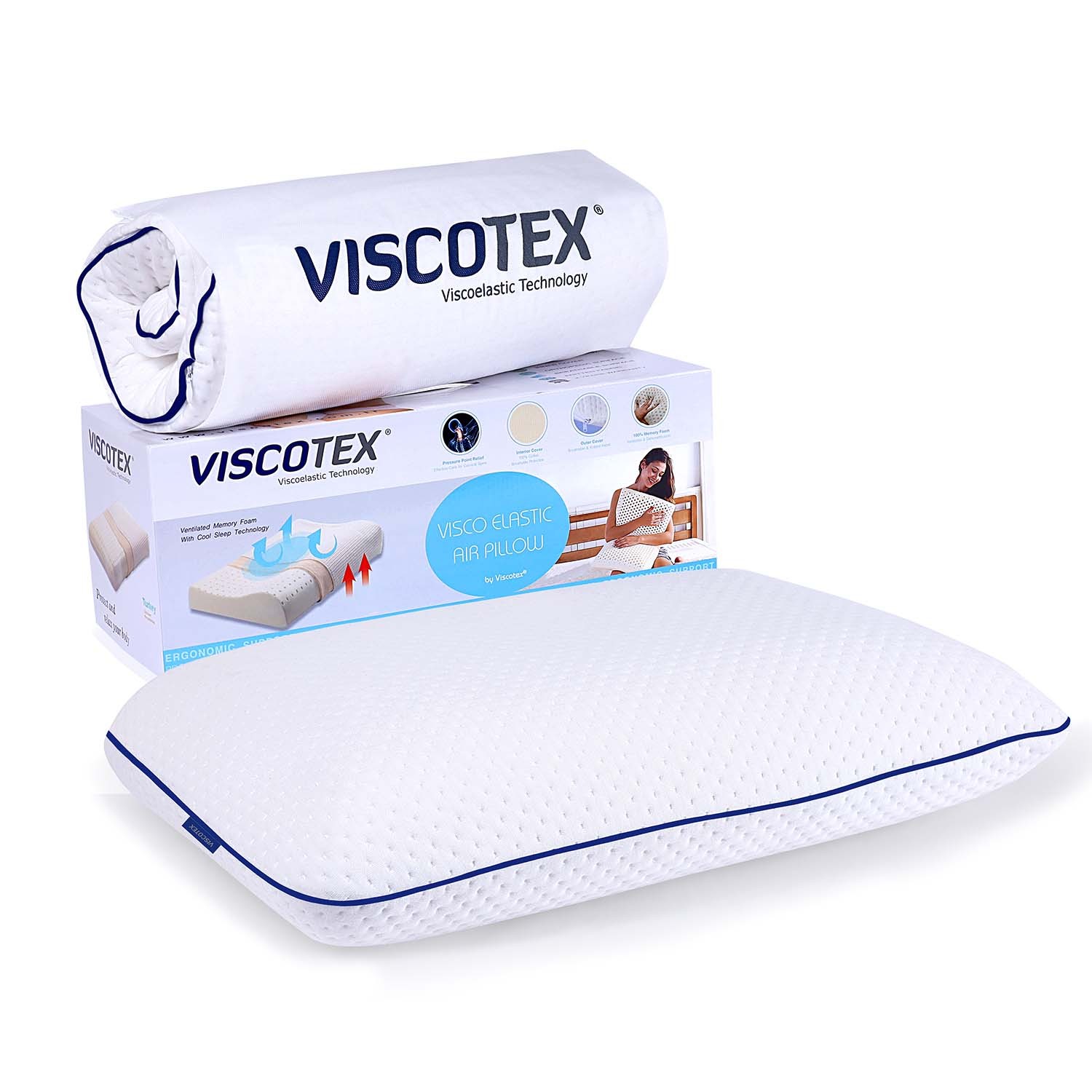 Viscotex Boyun Destekli Visco Büyük Tombul Yastık, 60x40x16 cm, Ortopedik Yastık, Beyaz-Lacivert