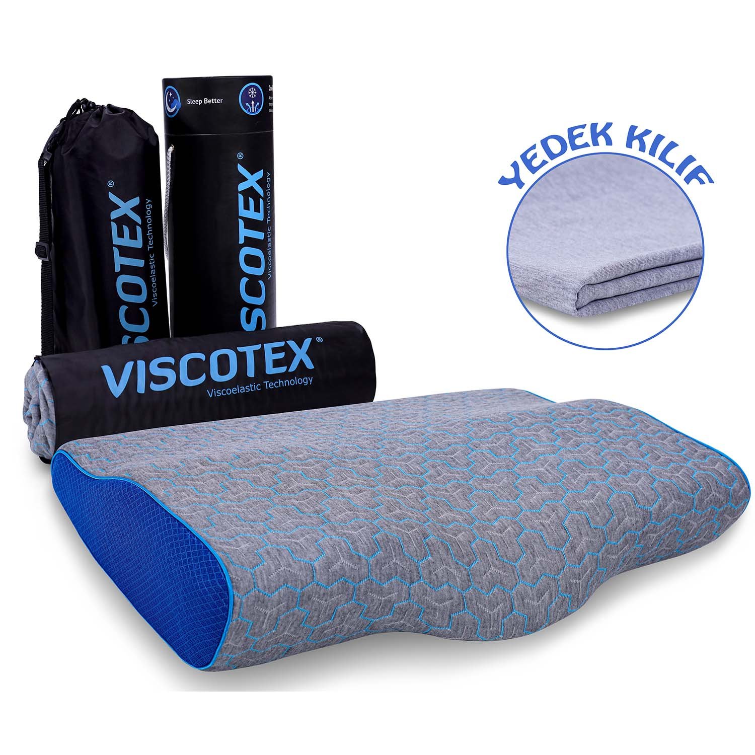 Viscotex Boyun Destekli Isı Düzenleyici Visco Yastık, 60x40x11/7 cm, Yedek Kılıflı - Taşıma Çantalı, Ortopedik, Gri-Mavi