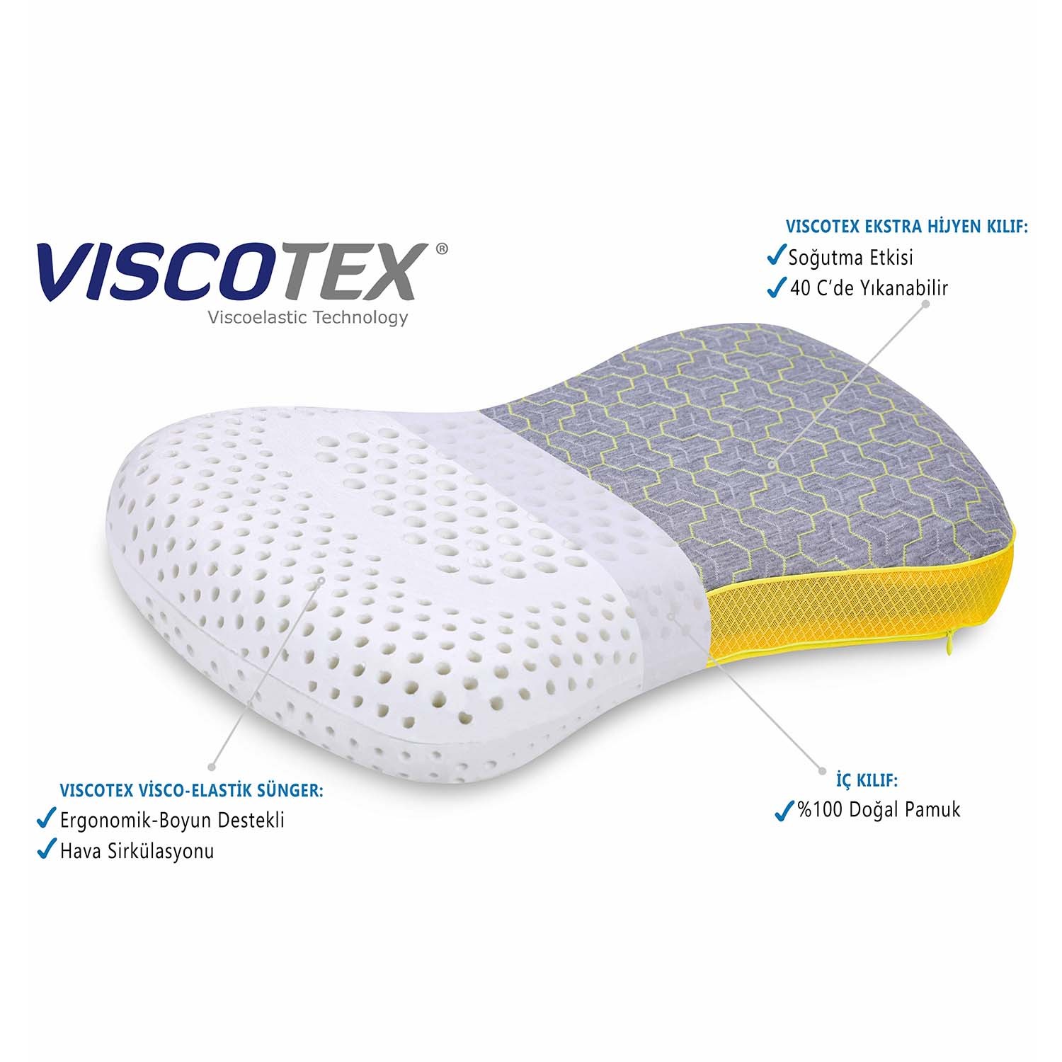 Viscotex Boyun Destekli Doğal Botanik Lif Kılıflı Visco Yastık, 60x40x12 cm, Yedek Pamuk Kılıflı, Taşıma Çantalı, Ortopedik, Gri-Sarı