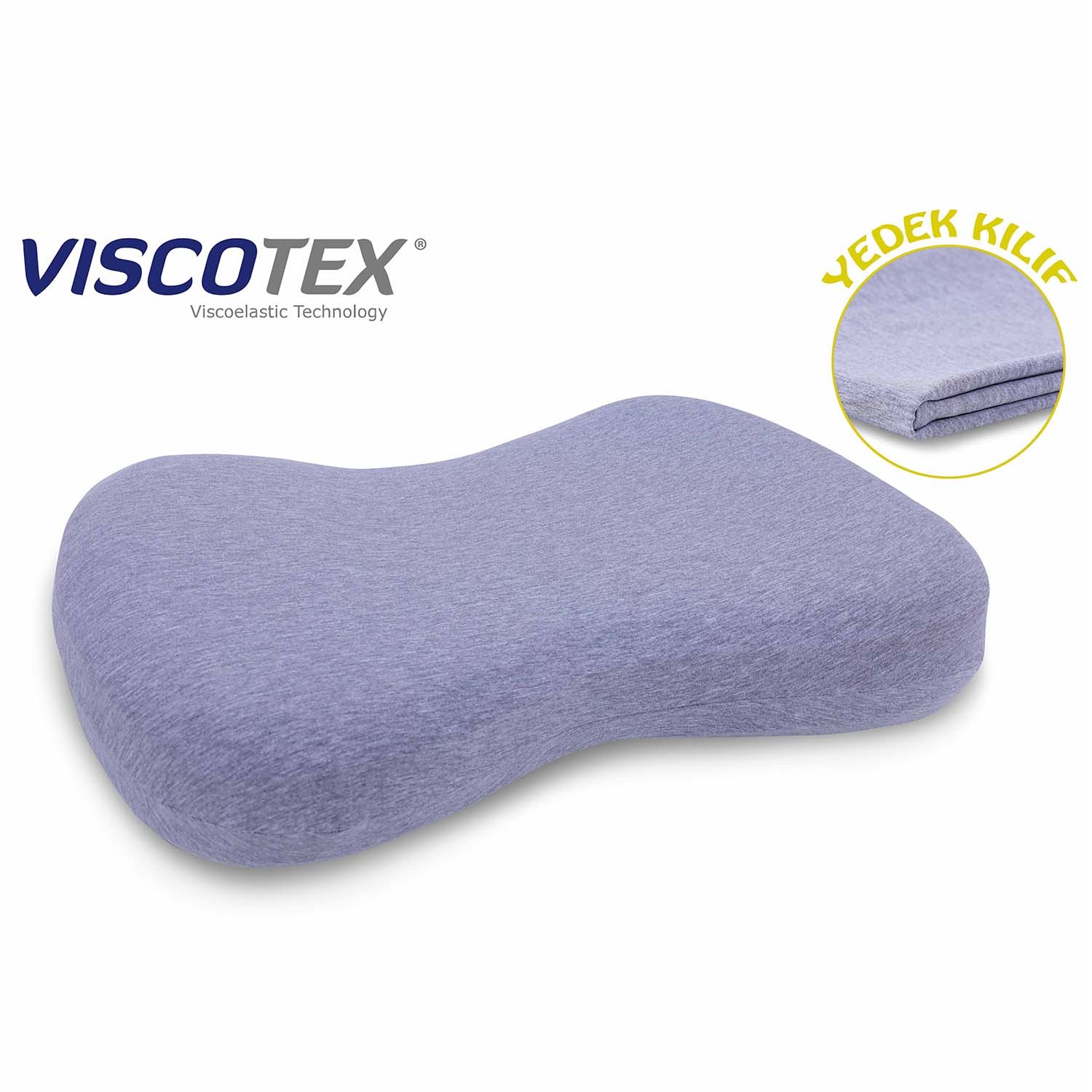 Viscotex Boyun Destekli Doğal Botanik Lif Kılıflı Visco Yastık, 60x40x12 cm, Yedek Pamuk Kılıflı, Taşıma Çantalı, Ortopedik, Gri-Sarı