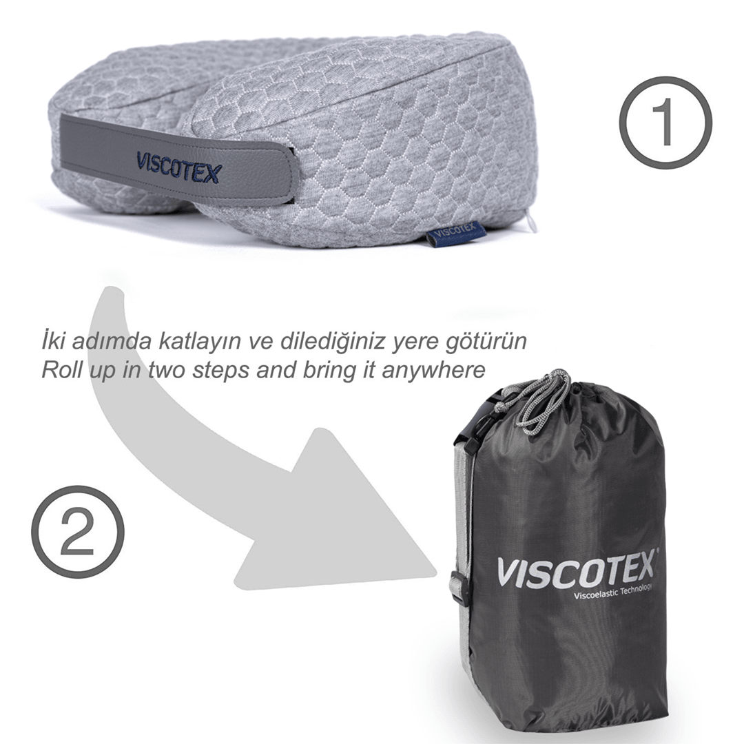 Viscotex Ortopedik Visco Boyun Yastığı, Araç Yolculuk Seyahat Boyun Yastığı, Uyku Yastığı Boyunluk, 30x28x12 cm, Gri