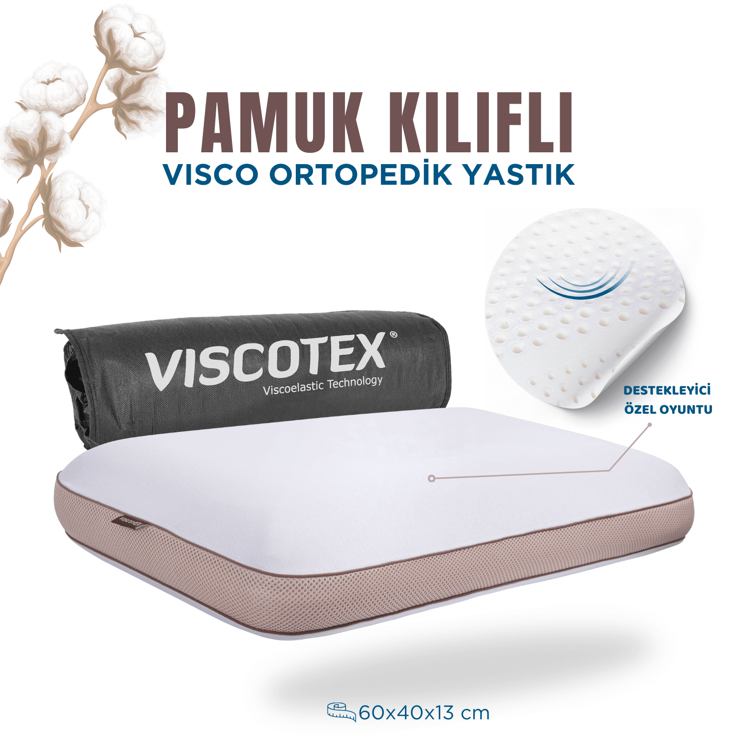 Pamuk Kılıflı Medium Visco Ortopedik Yastık, Kahverengi, 60x40x13 cm