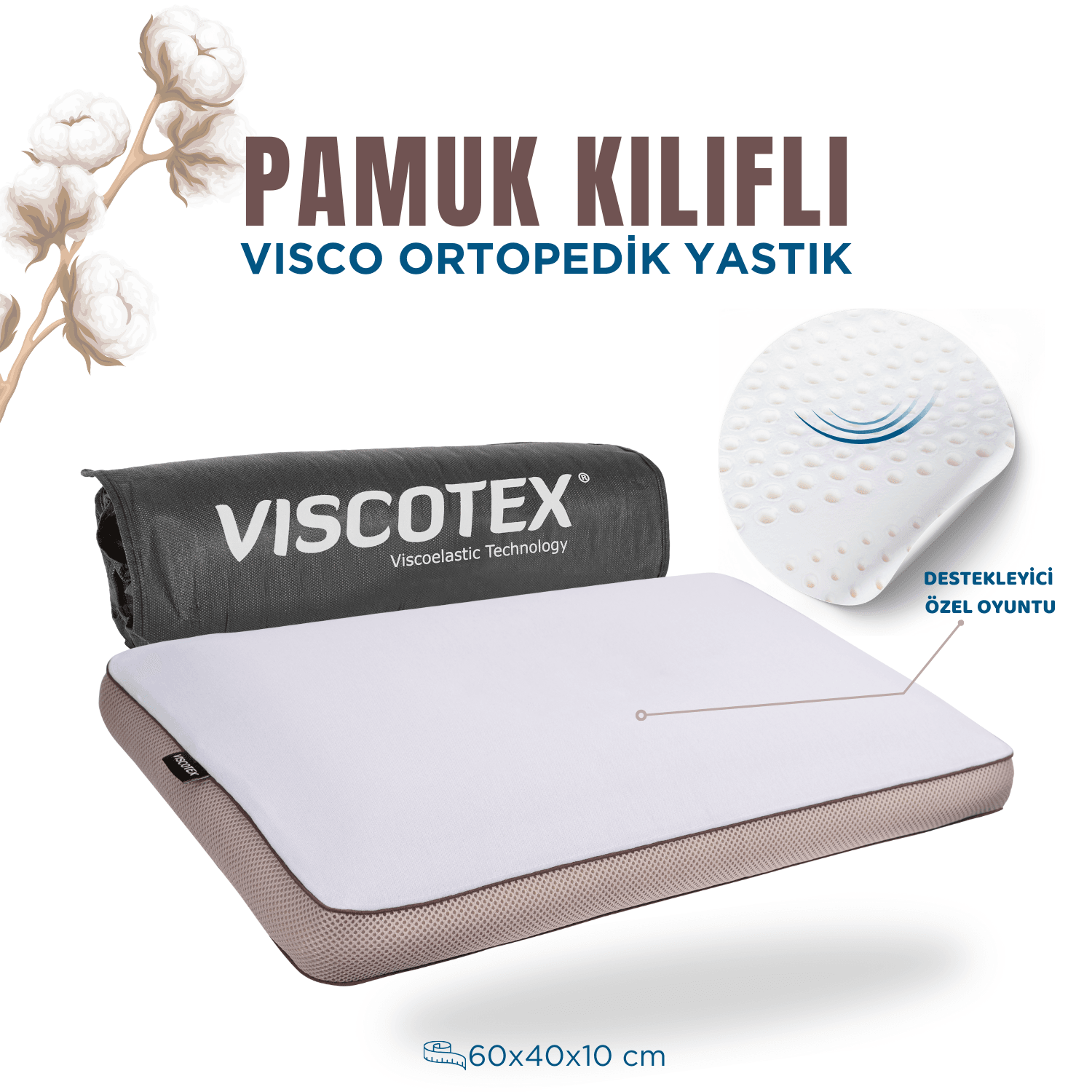  Pamuk Kılıflı Small Visco Ortopedik Yastık, Kahverengi, 60x40x10 cm