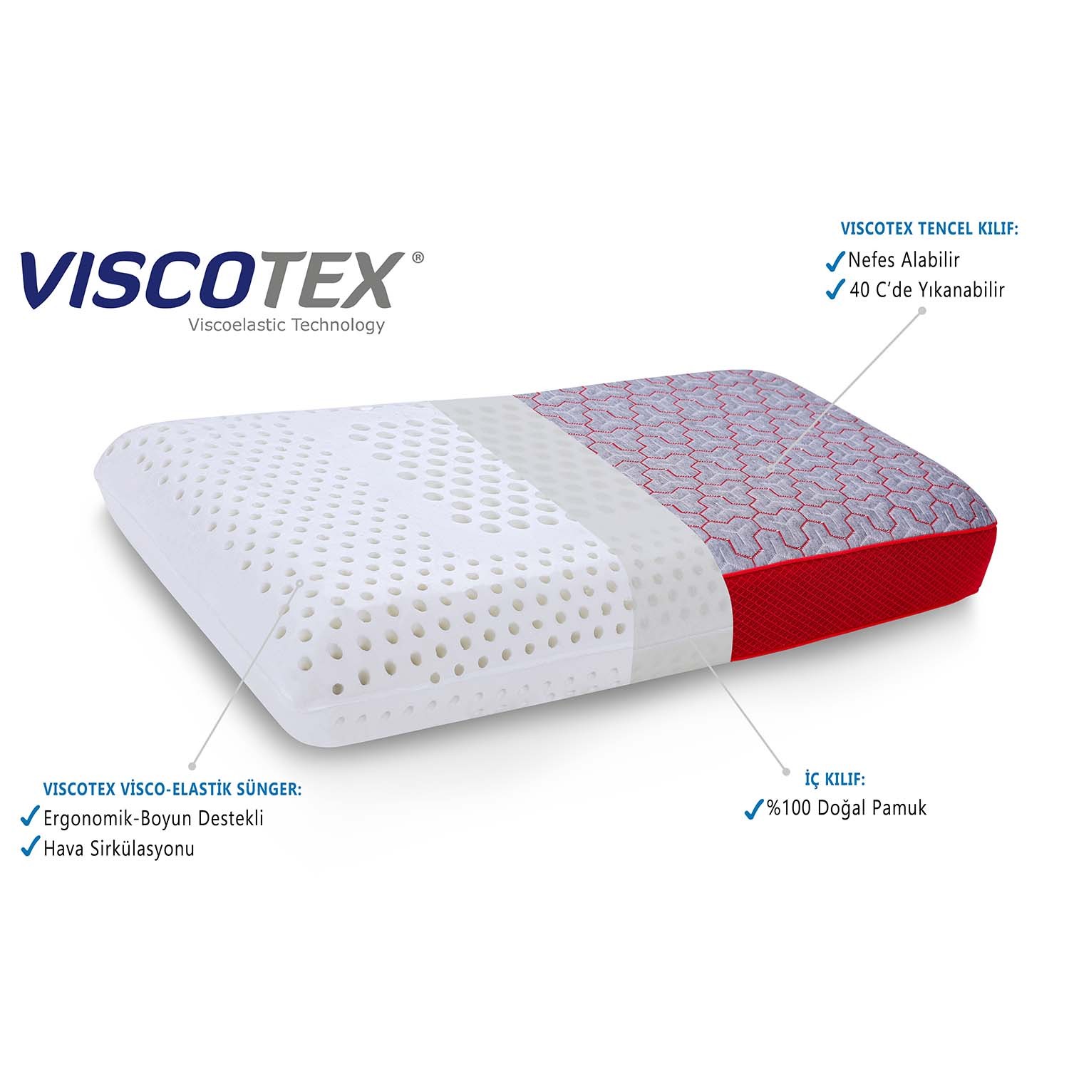 Viscotex Boyun Destekli Lyocell Kılıflı Yastık, 70x40x12 cm, Yedek Pamuk Kılıflı, Taşıma Çantalı, Ortopedik, Gri-Kırmızı