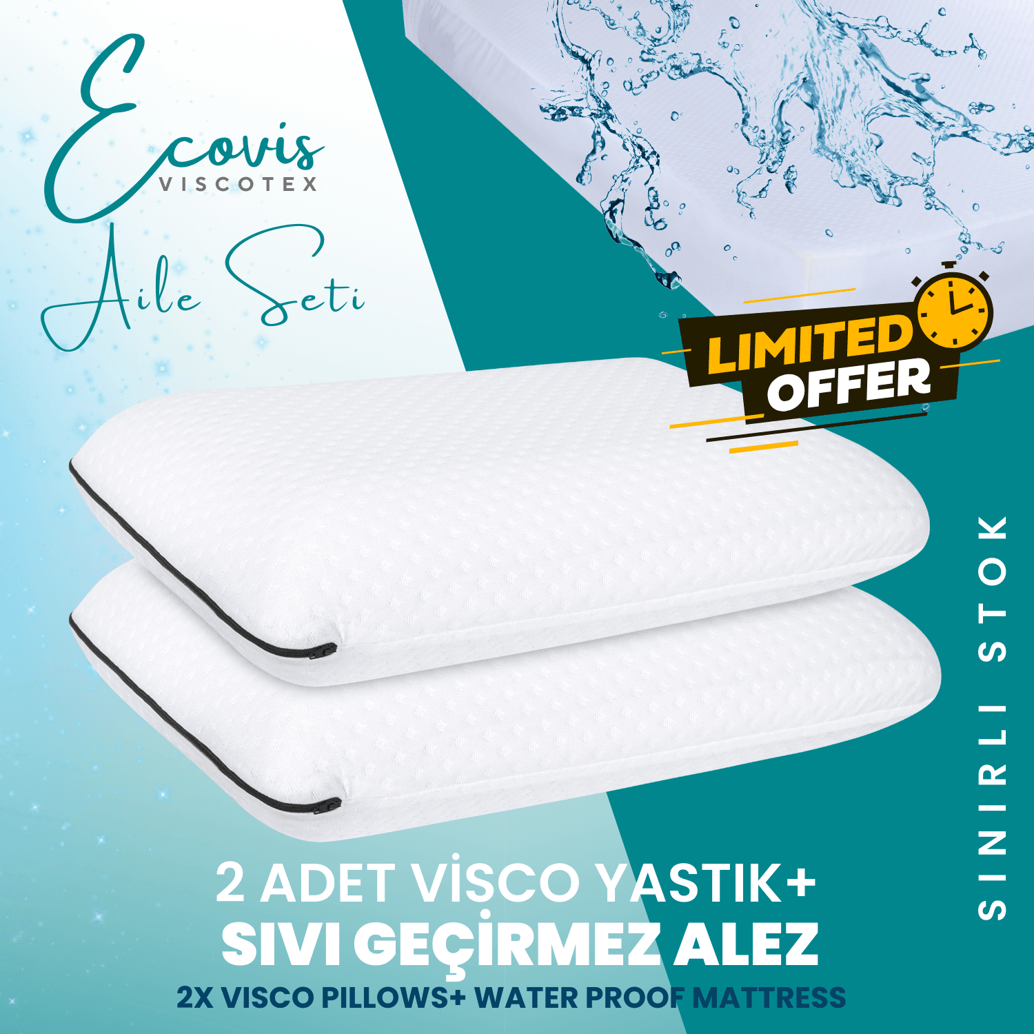 Ecovis Viscotex Aile Seti, 2'li Visco Yastık 58x38x13 cm ve Sıvı Geçirmez Çift Kişilik Yatak Fitted Alez 160X200 cm, Beyaz