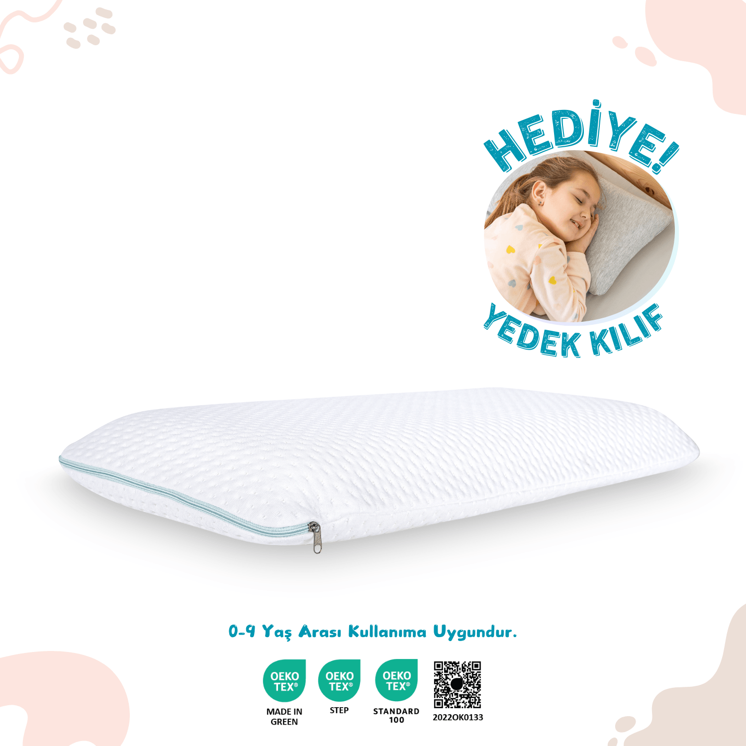 Viscotex Visco Hava Kanallı Çocuk Yastığı, 66x33x6 cm, OEKO-TEX Sertifikalı, Ortopedik Uyku Yastığı, Kids Pillow, Turkuaz-Beyaz