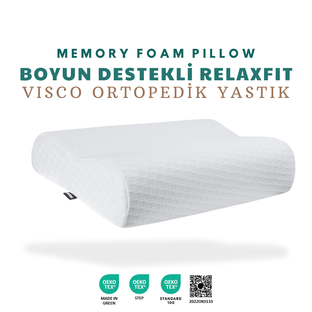 Relaxfit Çift Boyun Destekli Visco Ortopedik Yastık, 58x38x12/10cm, Beyaz