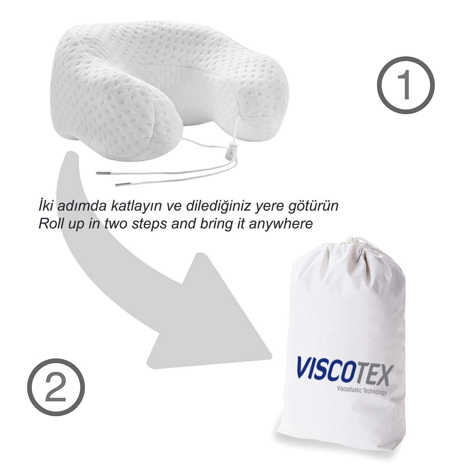 Viscotex Ortopedik Visco Boyun Yastığı, Araç Yolculuk Seyahat Boyun Yastığı, Uyku Yastığı Boyunluk, Neck Pillow 30x28x12 cm, Beyaz