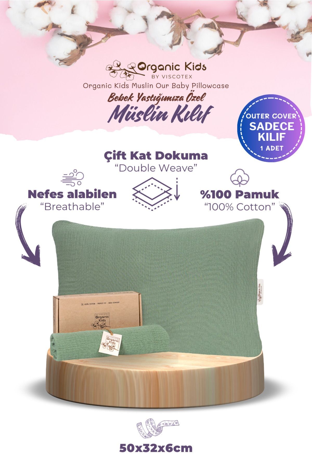 Çift Katlı Müslin Bebek Yastık Kılıfı, %100 Organik Pamuk, 50x32x6 cm