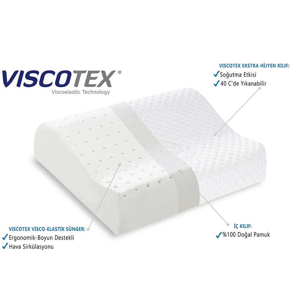 Viscotex Visco Boyun Destekli Seyahat Yastığı, Ortopedik Yastık, Araç, Yolculuk, Uyku Yastığı, 35x30x10/8 cm, Beyaz