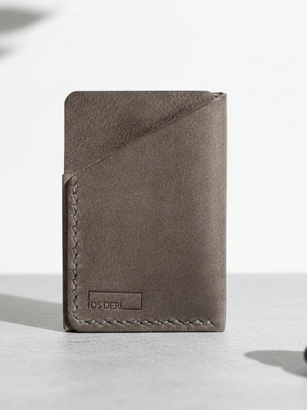 İDS Deri Hakiki Deri El Dikişi Kompakt Kartlık – Minimalist, İnce Tasarım - Gri