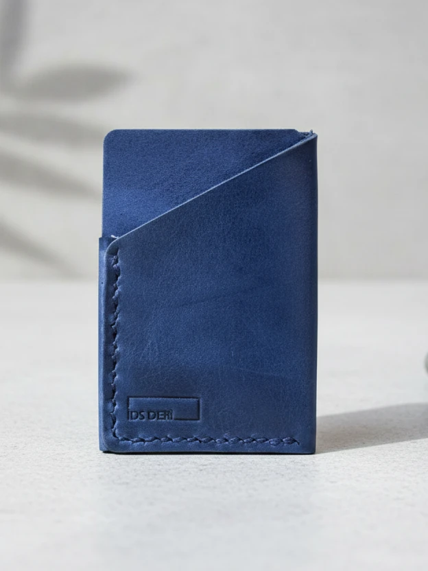 İDS Deri Hakiki Deri El Dikişi Kompakt Kartlık – Minimalist, İnce Tasarım - Mavi