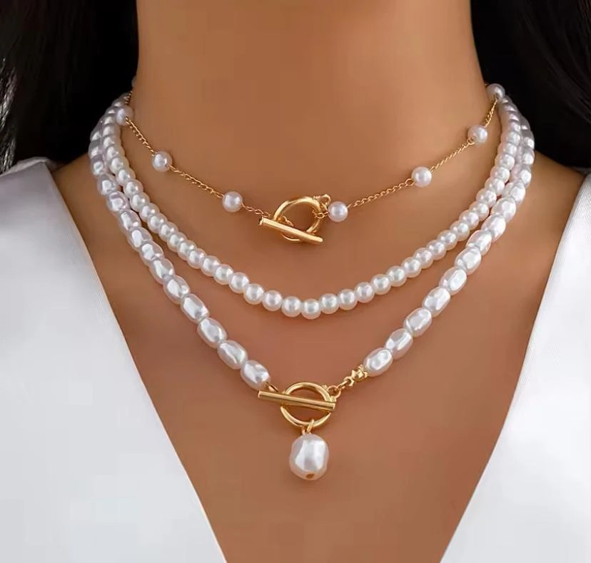 Özel Seri 3 Lü Zincir İncili Gold Kolye
