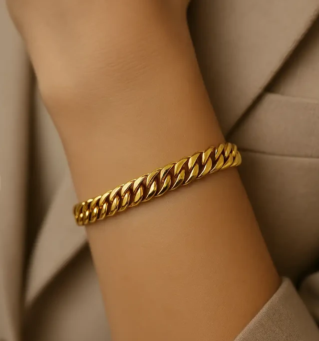 Kalın Gold Kübik Çelik Zincir Bileklik