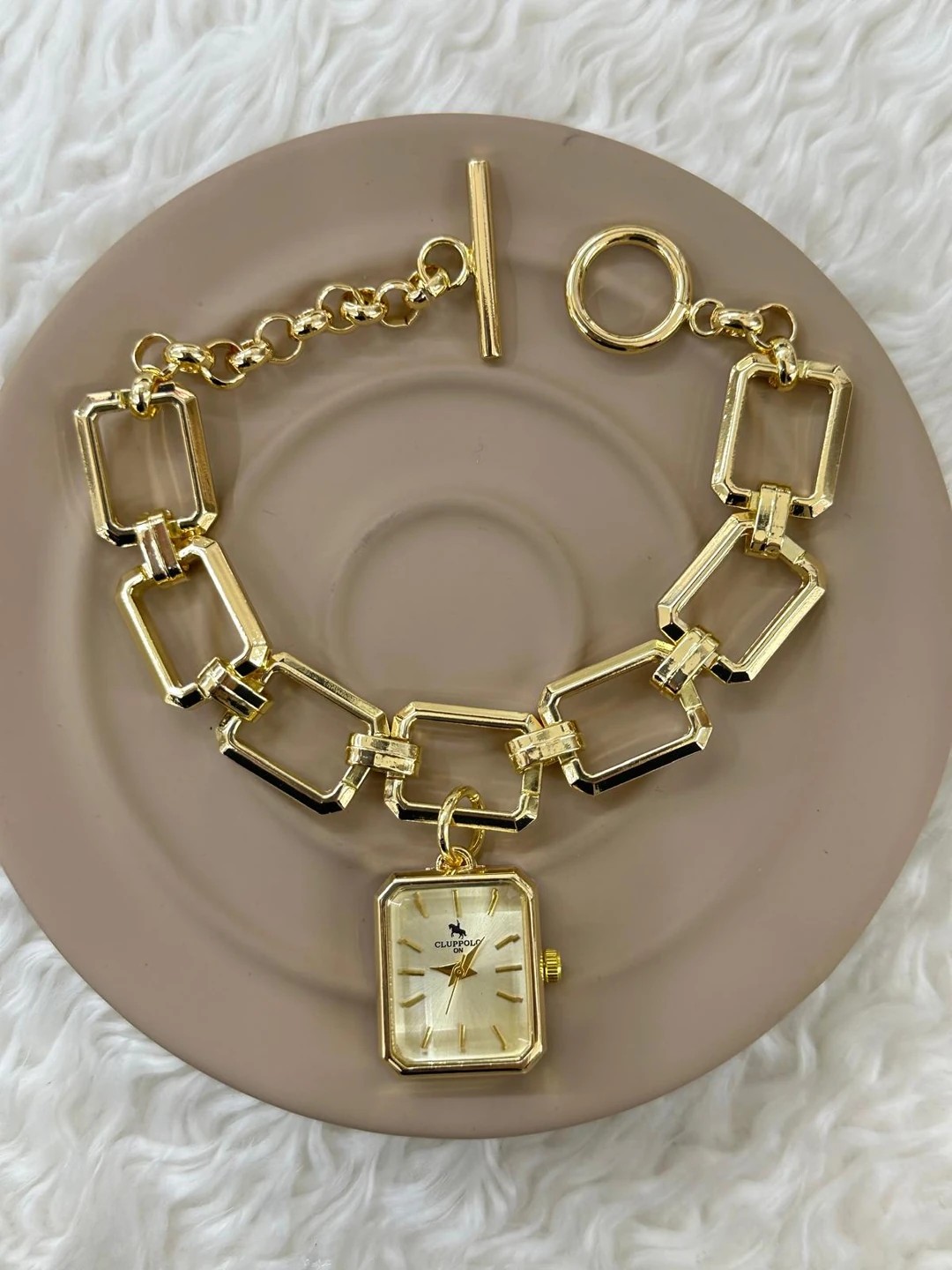 Kadın Çelik Kare Bileklik Model Gold Saat
