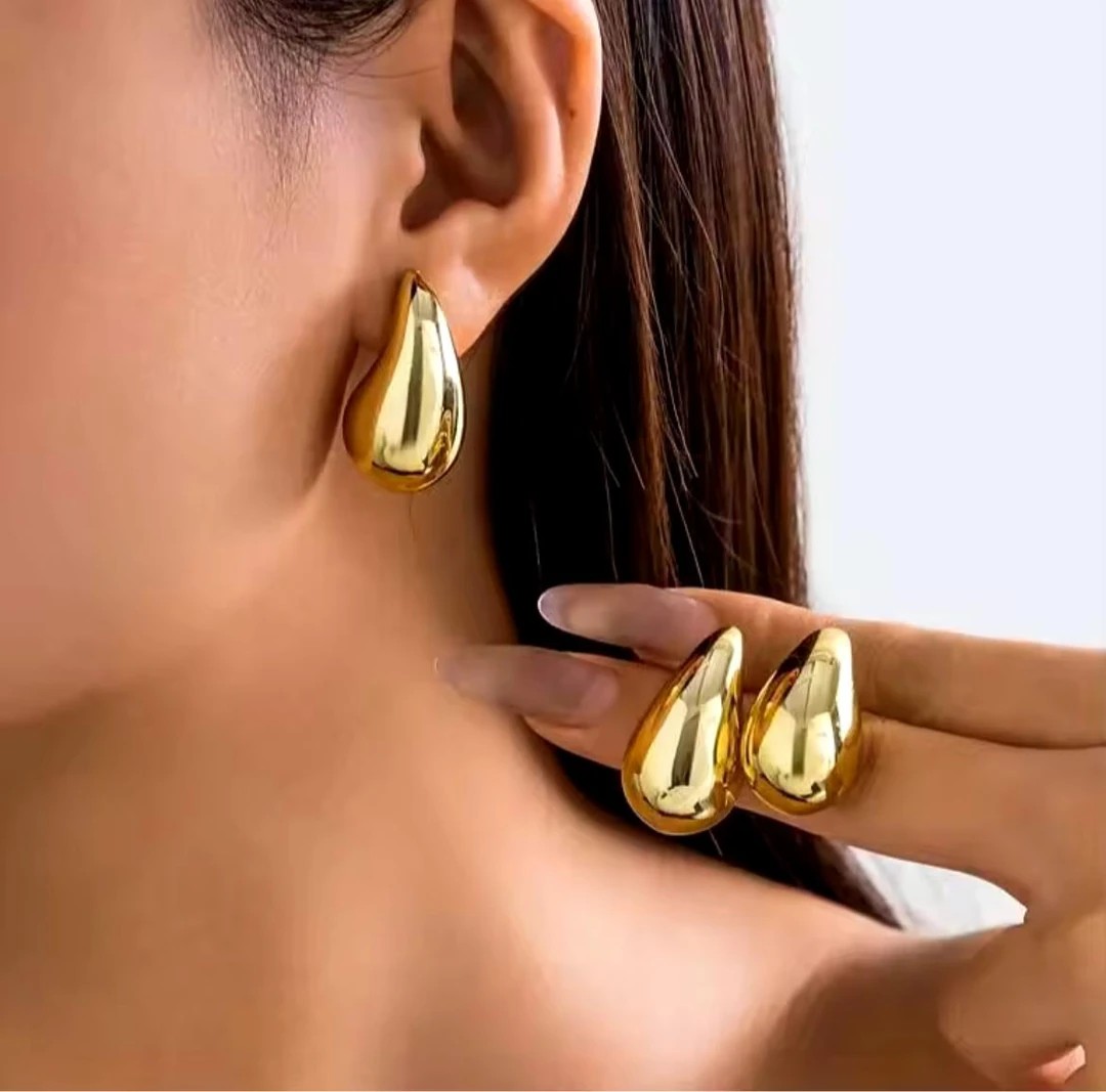 Çelik Kalın Damla Model Gold Küpe