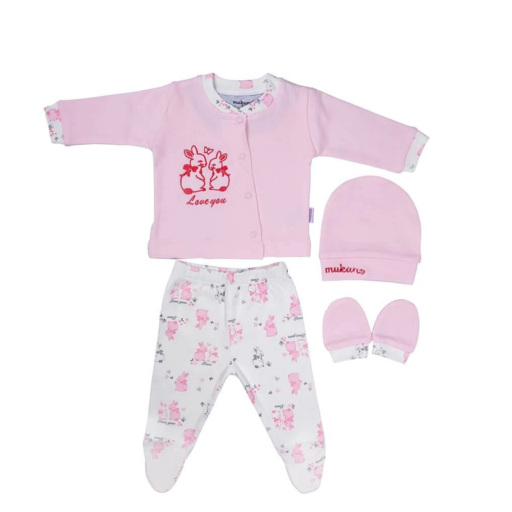 Mukano Kız Bebek Tavşan Nakışlı 4'lü Set Hastane Çıkış Seti