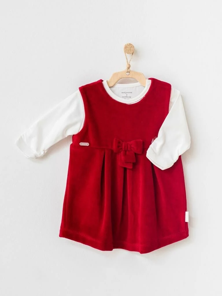 Andy Wawa Kız Bebek Kadife Uzun Kollu Kışlık Elbise Yılbaşı Kırmızı - AC21234