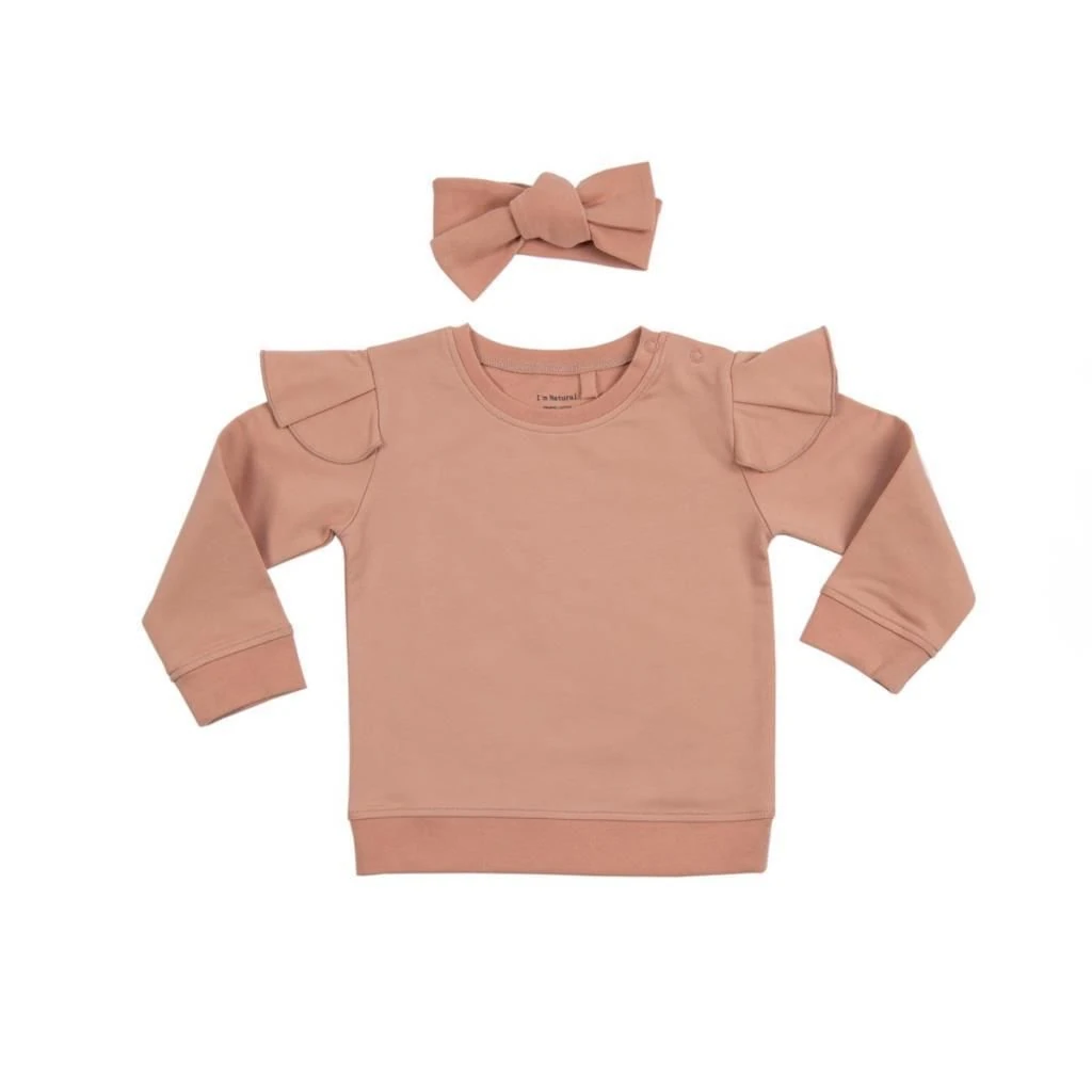 I'm Natural Organik Pamuklu İçi Şardonlu Bandanalı Alt-Üst Kışlık 2'li Kız Bebek Eşofman Takım Set - 112998 Nar