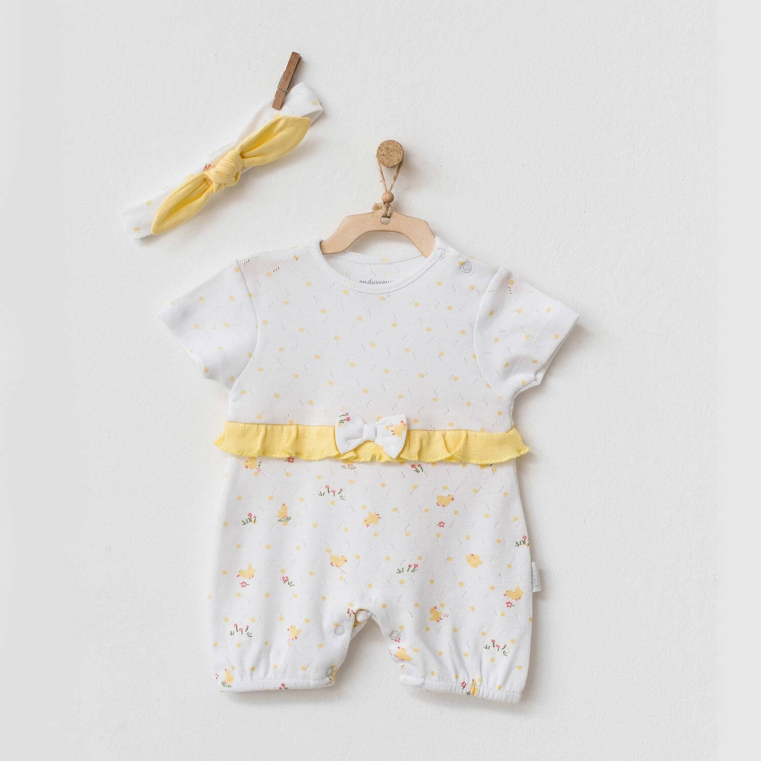 Andy Wawa Civciv Desenli Jakarlı Yazlık Kız Bebek Tulum ve Saç Bandı - AC21578