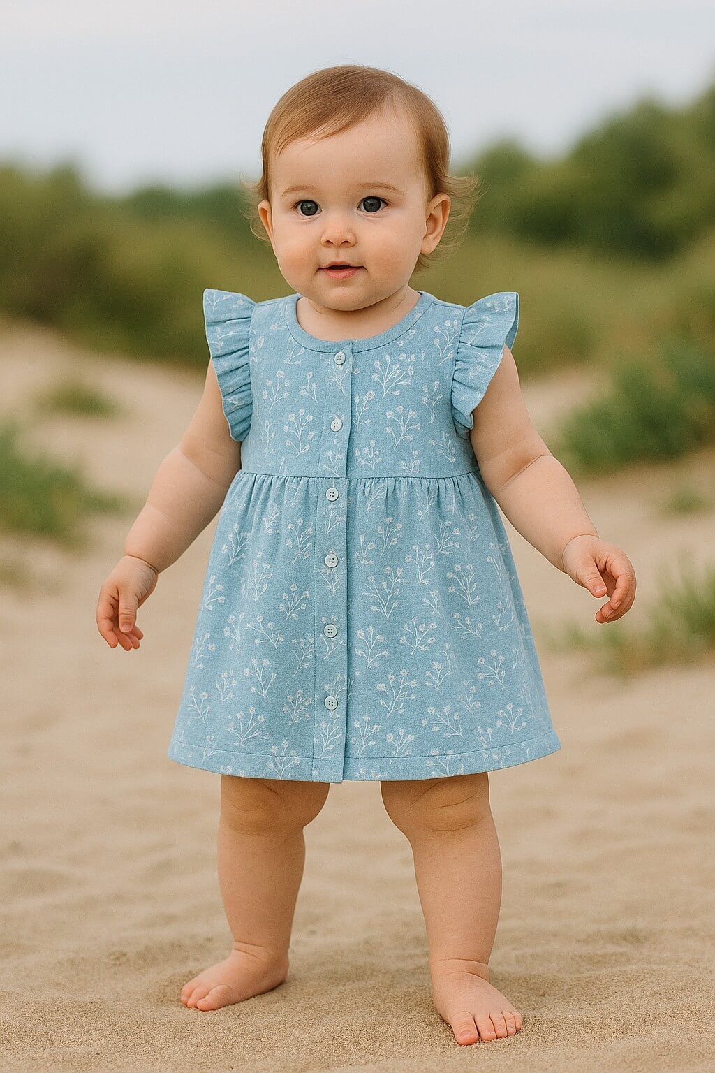 Andy Wawa Mavi Çiçekli Fırfır Detaylı Kız Bebek Elbise - AC23754