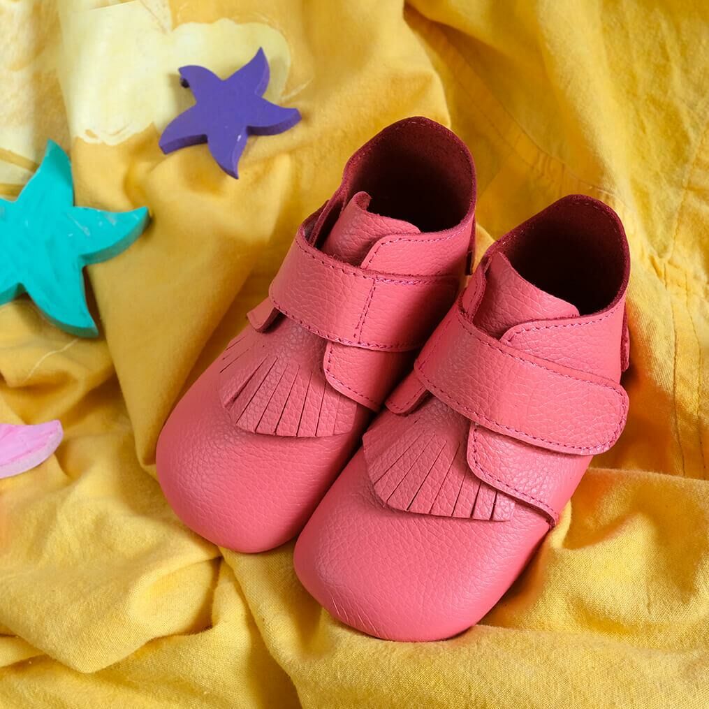 Hakiki Deri Anatomik Taban İlk Adım Ayakkabısı Pembe Püsküllü Cırtcırtlı MKN.0169