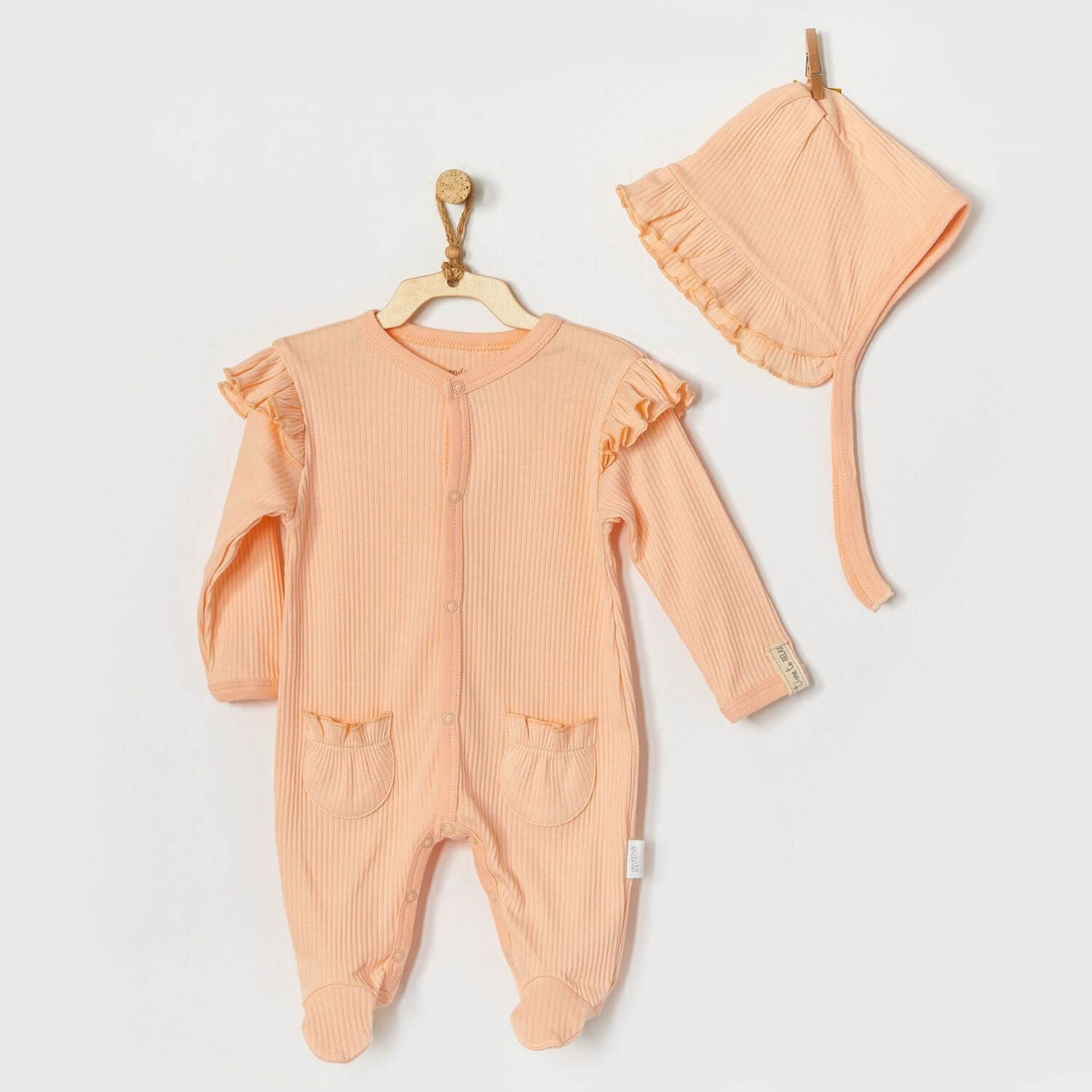 Andy Wawa Kız Bebek Modal Bereli 2'li Uzun Kollu Tulum Set Somon - AC22200