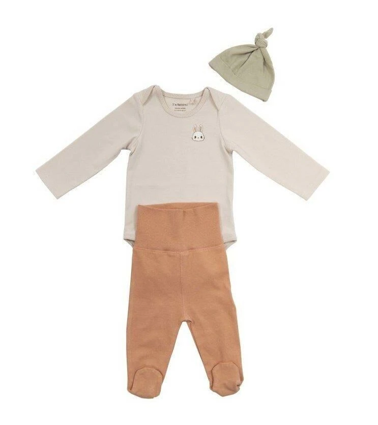 I'm Natural Organik Pamuklu Bereli Tavşan Nakışlı Patikli 3'lü Bebek Kışlık Takım Set - 111535 Ceviz-Nar