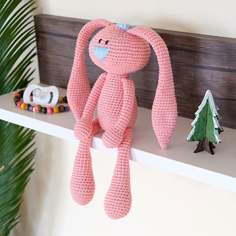 Amigurumi  %100 Organik Oyuncak El Örgüsü Sevimli Uzun Kulaklı Tavşan Pembe MKN.0011