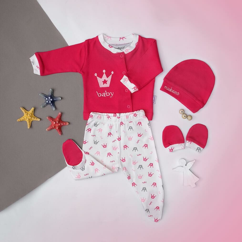 Mukano Kız Bebek Taç Nakışlı 4'lü Set Hastane Çıkış Seti
