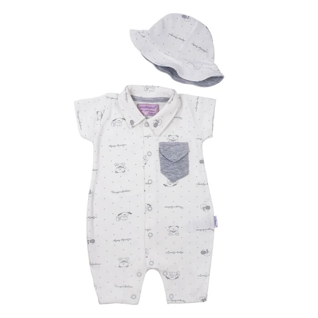 Mukano Ayıcık Desenli Cepli Çift Taraflı Şapkalı Erkek Bebek  Yazlık Tulum  MKN.0226