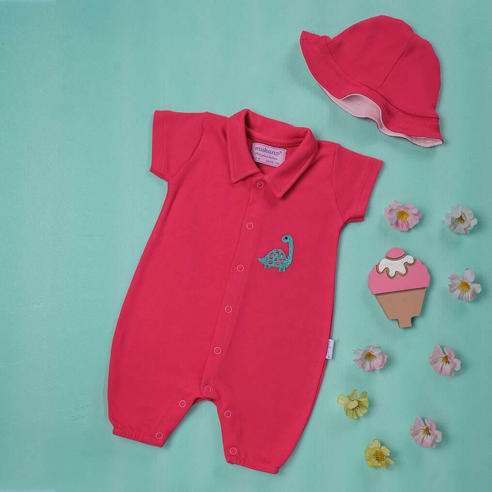 Mukano Dinazor Nakışlı Çift Taraflı Şapkalı Kız Bebek Yazlık Tulum Fuşya MKN.0220