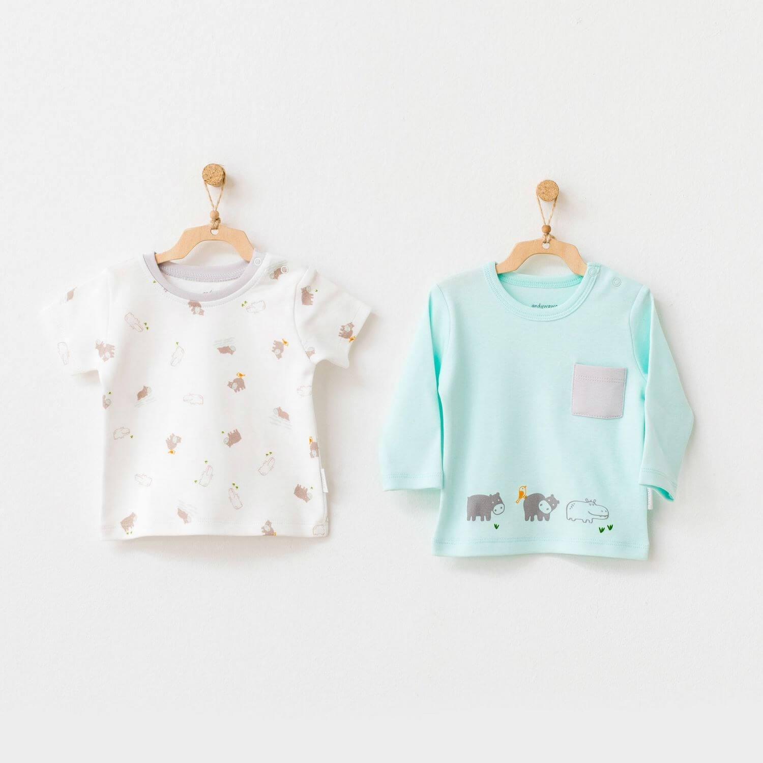Andy Wawa Erkek Bebek 2’li Tişört Set Mint Ekru Hipopotam Desenli Interlok Pamuk - AC21765