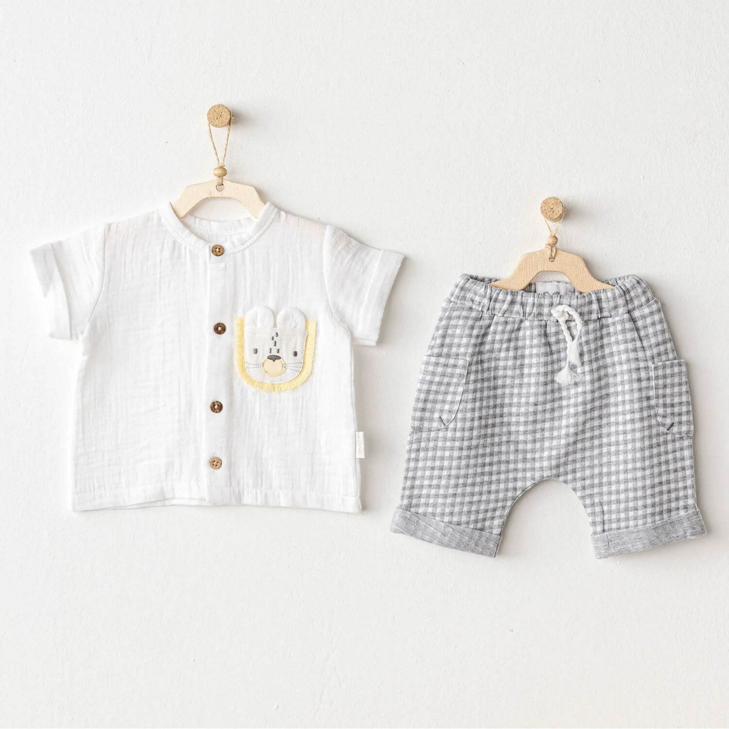 Andy Wawa Pamuklu Müslin Aslan Aplikeli 2'li Erkek Bebek Set Gri - AC25814