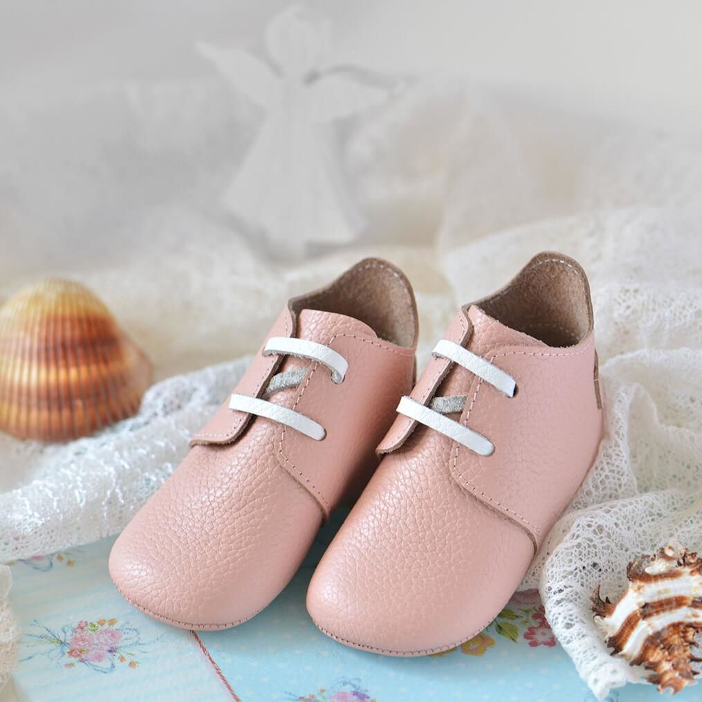 Hakiki Deri Anatomik Taban İlk Adım Ayakkabısı Bağcıklı Pudra  – MKN.0160