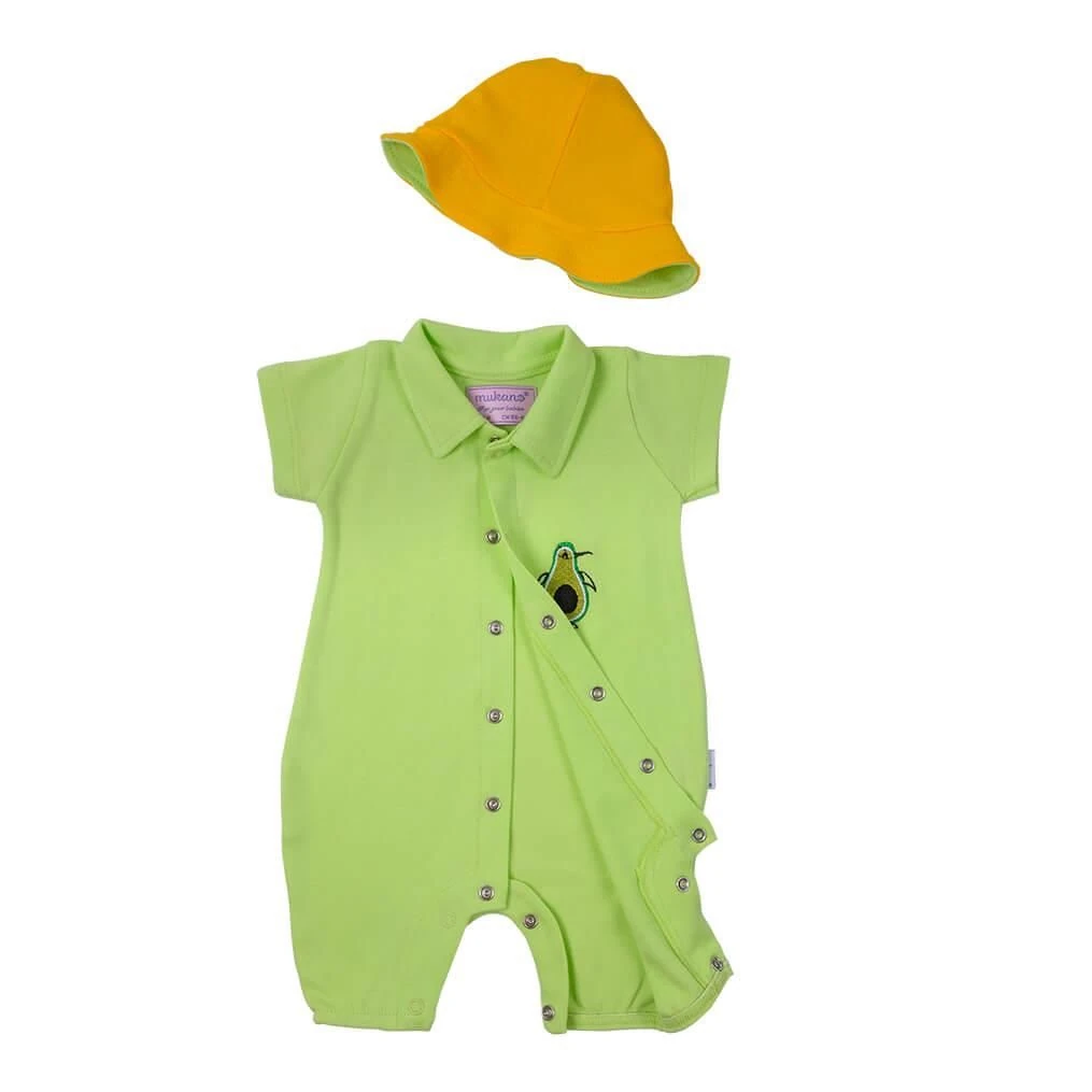 Mukano Avokado Nakışlı Çift Taraflı Şapkalı Erkek Bebek Yazlık Tulum Mint MKN.0225