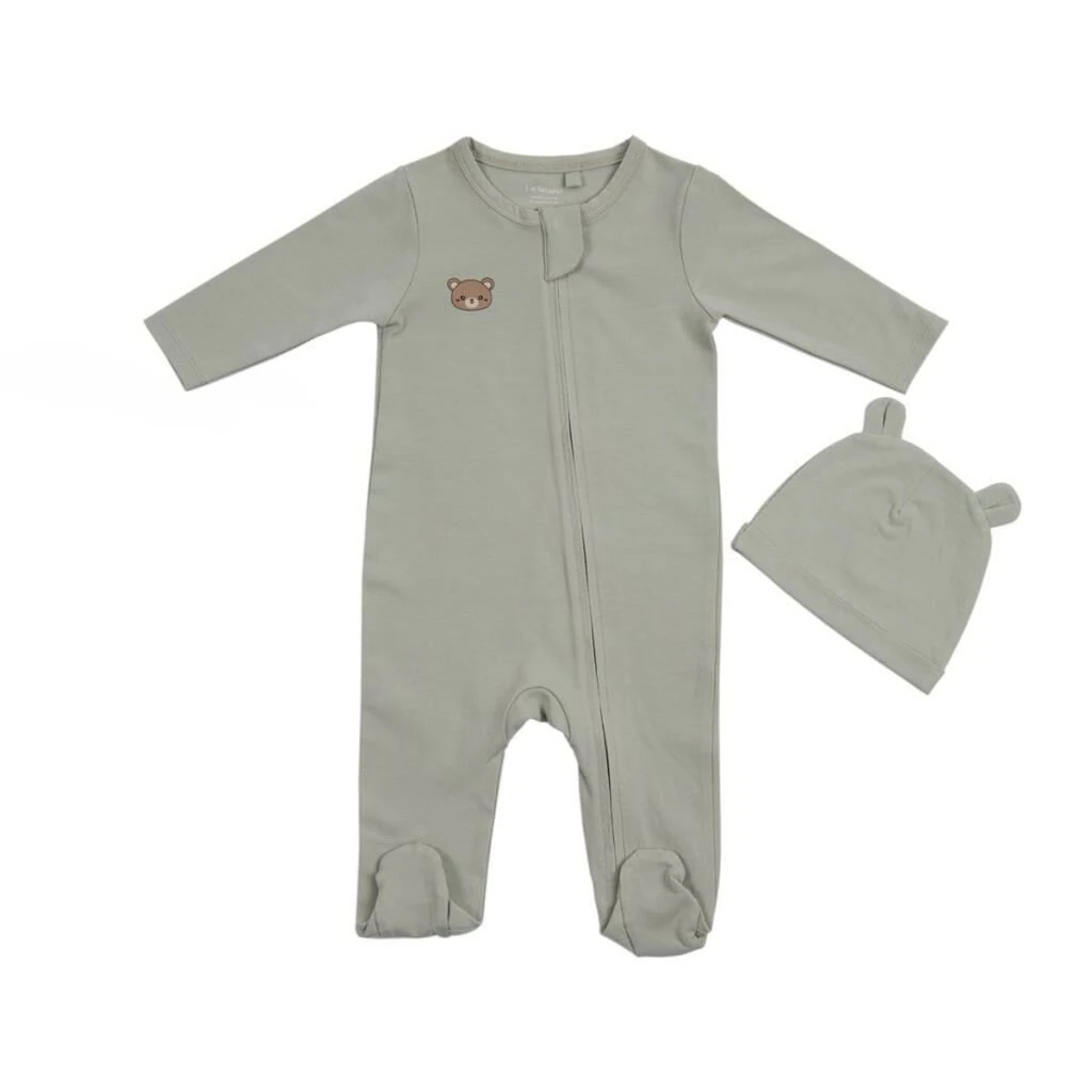 I'm Natural Organik Pamuklu Şapka Patikli Kışlık Erkek Bebek Tulum 2'li Set - 113001 Zeytin