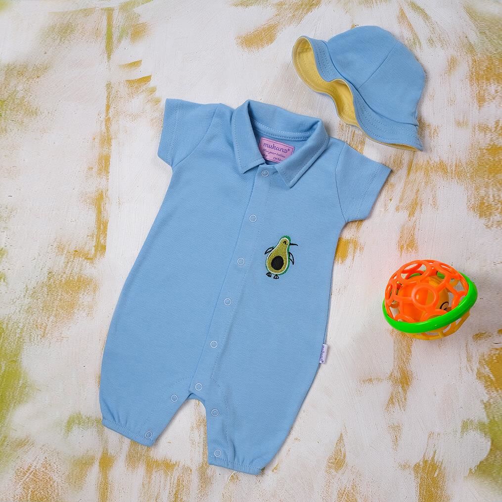 Mukano Avokado Nakışlı Çift Taraflı Şapkalı Erkek Bebek Tulum Yazlık  Mavi MKN.0223