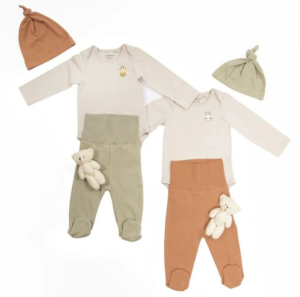 I'm Natural Organik Pamuklu Bereli Tavşan Nakışlı Patikli 3'lü Bebek Kışlık Takım Set - 111535 Ceviz-Nar