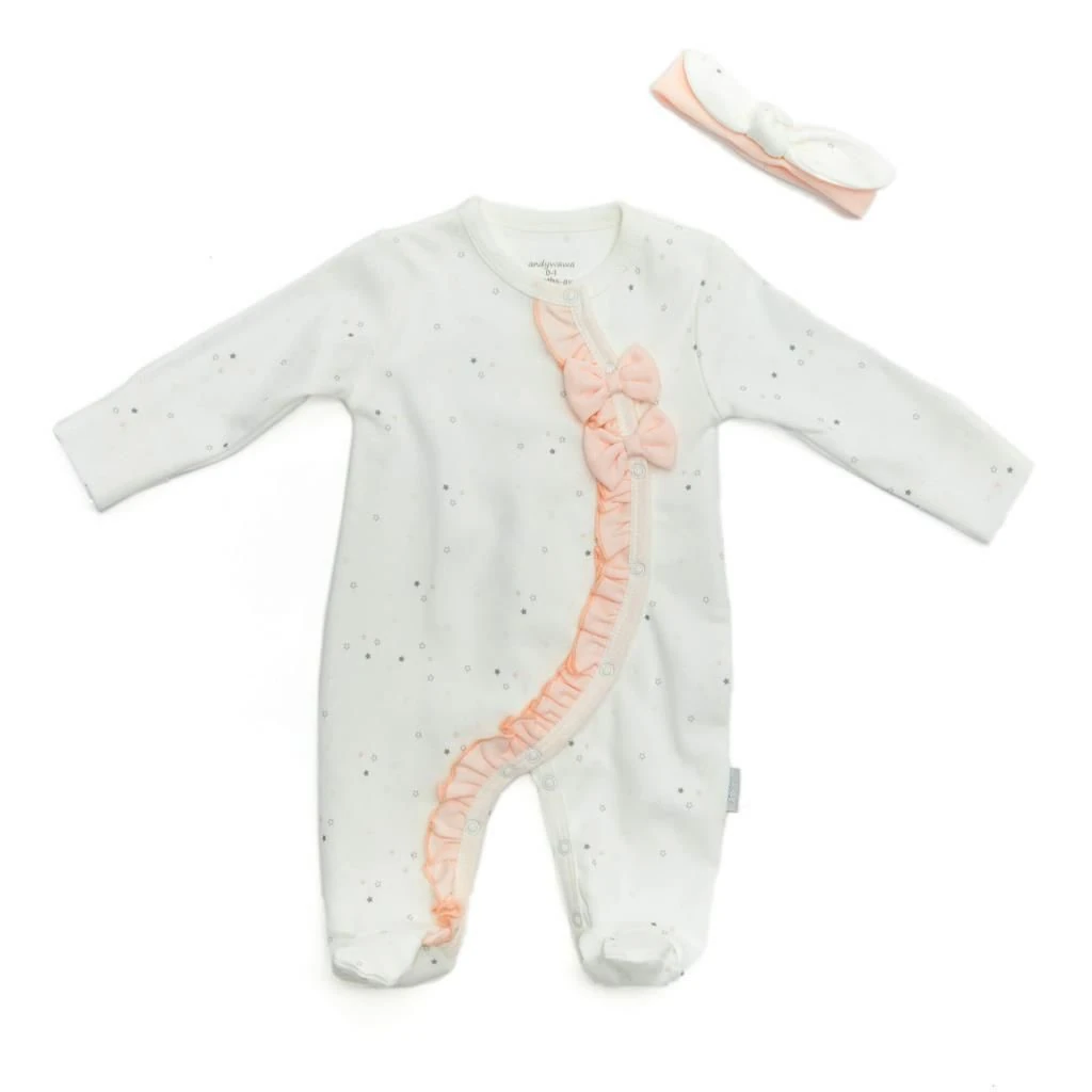 Andy Wawa Yenidoğan Prematüre Kız Bebek Önü Çıtçıtlı Fırfır Detaylı Bandanalı Patikli Kışlık Tulum Set Pembe Ekru - AC22345