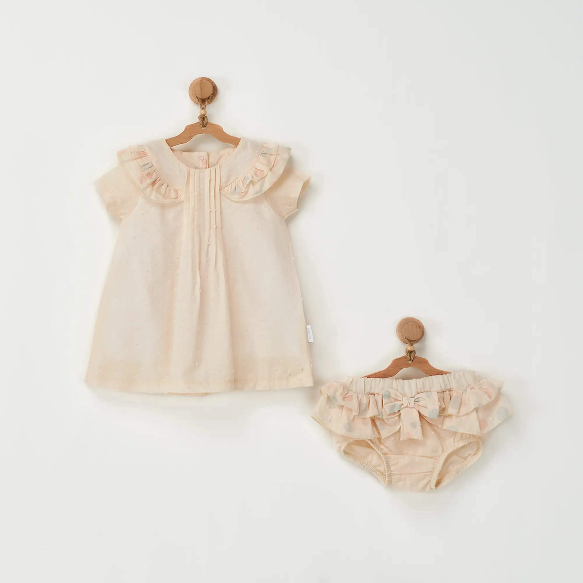 Andy Wawa Jakarlı Pileli Ekru Kız Bebek Yazlık Elbise Takımı Ekru - AC22658