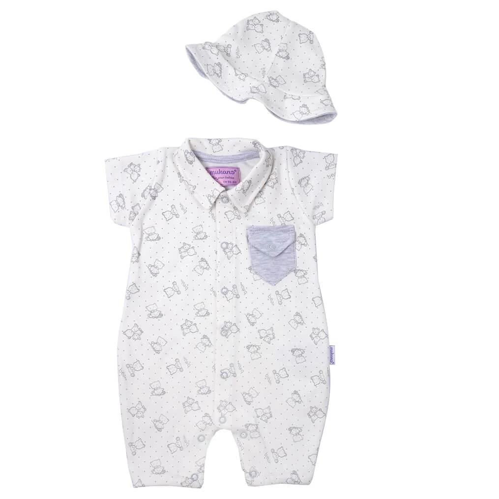 Mukano Ayıcık-Köpek Desenli Cepli Şapkalı Erkek Bebek Şapkalı Yazlık Tulum MKN.0218