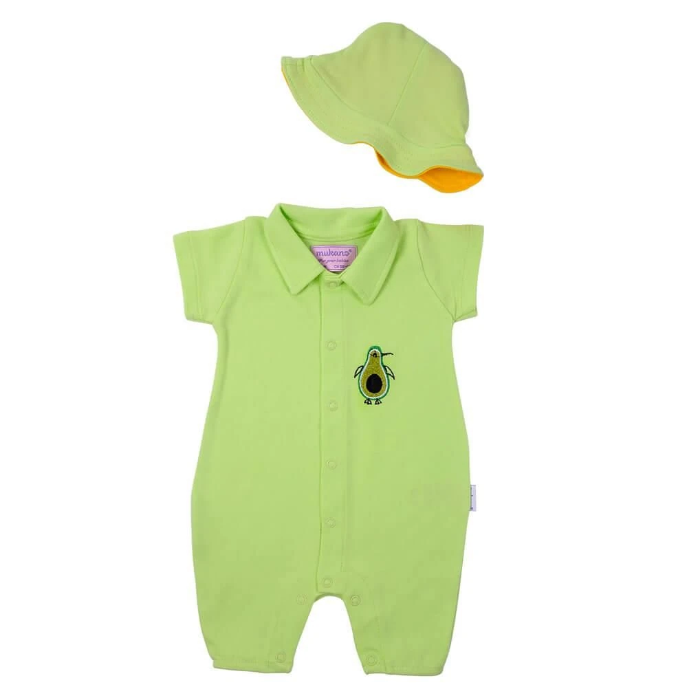 Mukano Avokado Nakışlı Çift Taraflı Şapkalı Erkek Bebek Yazlık Tulum Mint MKN.0225